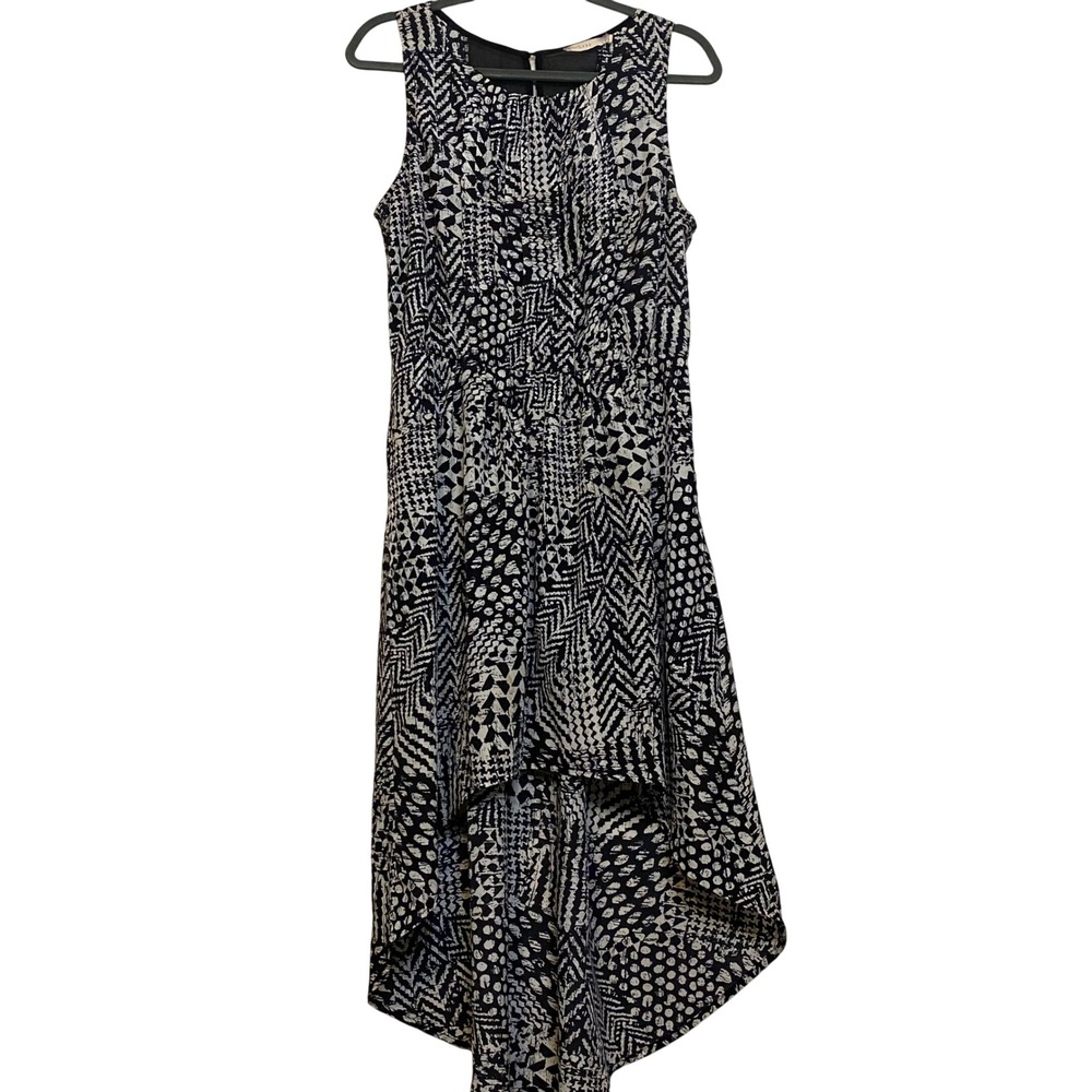 Lush Black White Geometric High Low Dress Mesh Back Abstract Asymmetrical Hem L